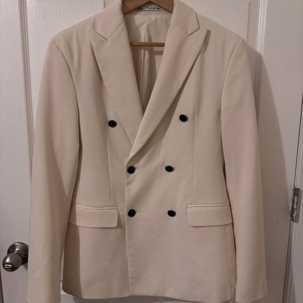 Zara Men White Double Breasted Blazer